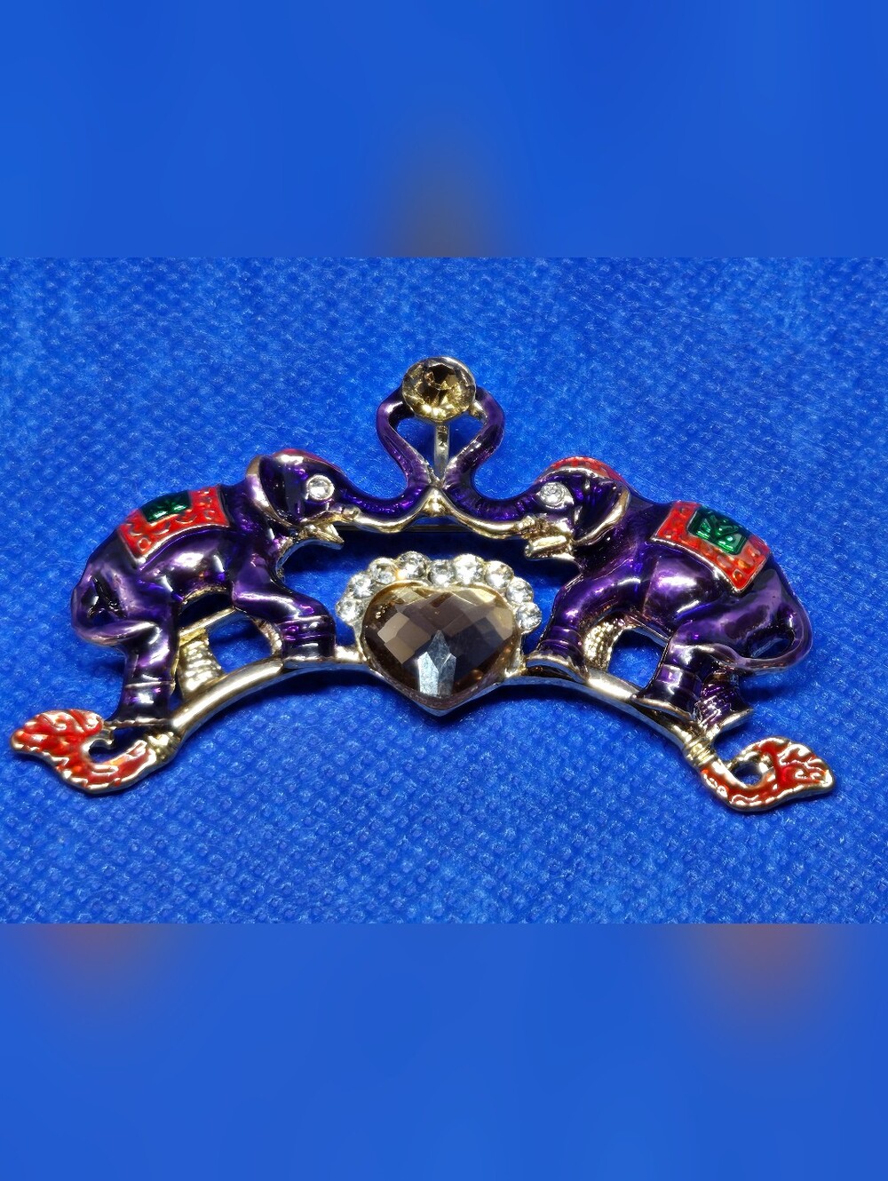 Lucky Double Elephant Brooch Purple Enamel Clear Crystal Rhinestone Heart Pin